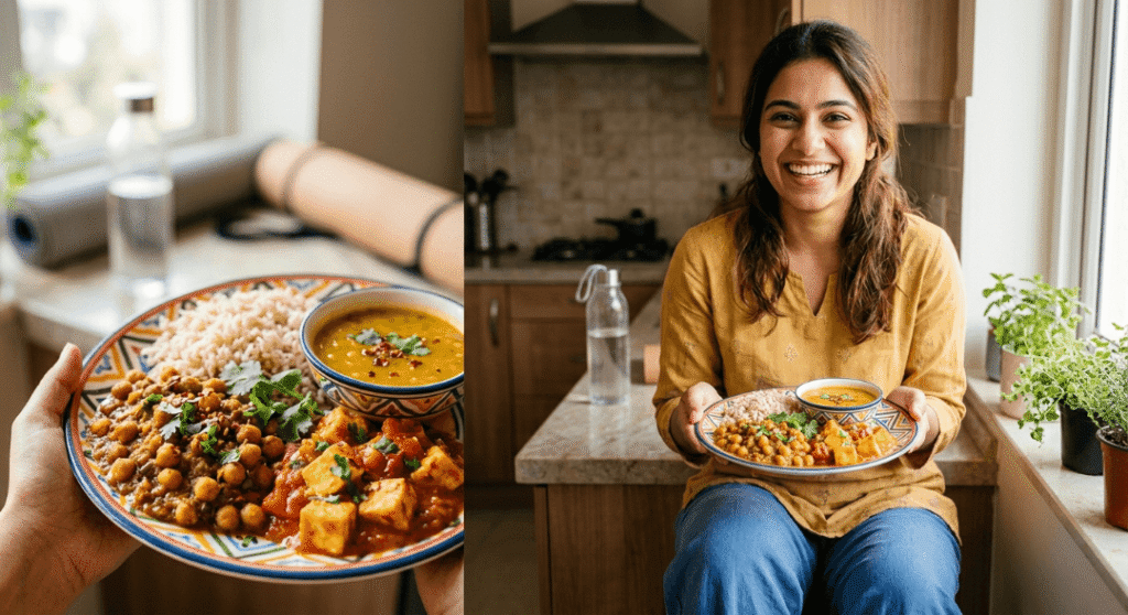 Smiling woman holding a colorful plate of Indian food.