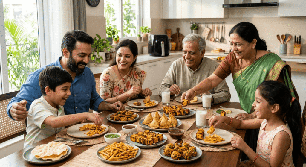 Happy Indian family sharing a large meal.